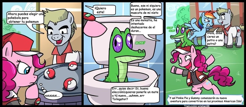 Size: 900x394 | Tagged: safe, artist:madmax, artist:xristian96, derpibooru import, gummy, pinkie pie, ponified, pony, comic, crossover, pokemans pink, pokémon, professor oak, spanish, toilet, translation