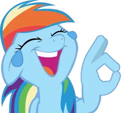 Size: 971x880 | Tagged: safe, alternate version, derpibooru import, editor:shadowthecat35, rainbow dash, pegasus, pony, friendship is magic, crying, cursed image, emoji, eyes closed, female, floppy ears, hand, laughing, mare, meme, ok hand emoji, ok hand sign, open mouth, reaction image, simple background, smiling, solo, suddenly hands, tears of joy, tears of laughter, teary eyes, tooth gap, transparent background, wat, wing hands, wings, 👌, 😂