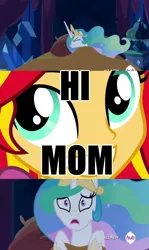 Size: 612x1024 | Tagged: safe, derpibooru import, screencap, princess celestia, sunset shimmer, equestria girls, equestria girls series, forgotten friendship, rainbow rocks, twilight's kingdom, all new, bed, celestia's nightmare, exploitable meme, hi anon, hub logo, it's coming right at us, it's happening, meme, momlestia, momlestia fuel, obtrusive text, scared, she knows, shitposting, smiling, text, the prodigal sunset, what has magic done