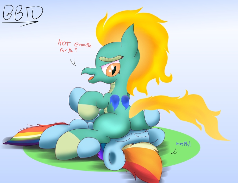 Size: 3460x2660 | Tagged: artist:bronybehindthedoor, community related, crossover shipping, derpibooru import, dialogue, dragon, duo, faceful of ass, facesitting, female, hybrid, lesbian, longma, questionable, rainbow dash, shipping, them's fightin' herds, tiandash, tianhuo