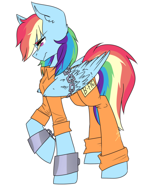 Size: 2000x2500 | Tagged: artist:stircrazyartist4298, b-f16, bound wings, chains, clothes, cuffs, derpibooru import, looking down, never doubt rainbowdash69's involvement, prisoner, prisoner rd, prison outfit, rainbow dash, sad, safe, shackles, simple background, solo, transparent background, wings