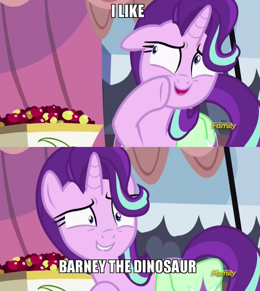 Size: 800x895 | Tagged: barney, barney the dinosaur, caption, derpibooru import, exploitable meme, image macro, meme, safe, screencap, starlight glimmer, starlight's confessions, text