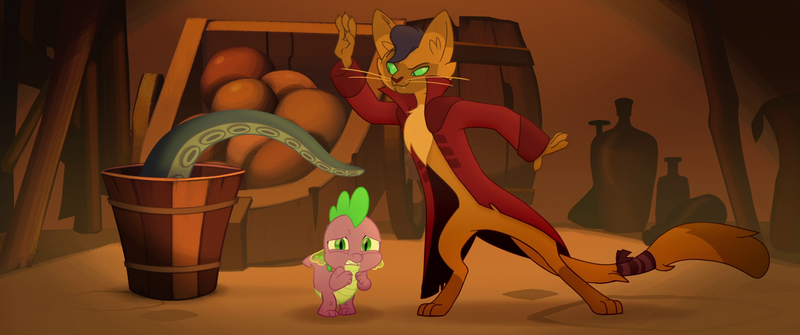 Size: 1920x804 | Tagged: abyssinian, anthro, capper dapperpaws, derpibooru import, digitigrade anthro, dragon, i'm the friend you need, i've seen enough hentai to know where this is going, klugetown, my little pony: the movie, out of context, safe, scared, screencap, spike, tentacles