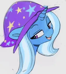 Size: 810x901 | Tagged: safe, artist:tre, derpibooru import, trixie, pony, unicorn, bust, clothes, female, hat, looking at you, mare, simple background, smiling, solo, trixie's hat, white background