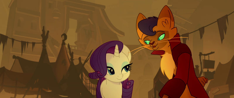 Size: 1920x804 | Tagged: safe, derpibooru import, screencap, capper dapperpaws, rarity, abyssinian, anthro, pony, unicorn, my little pony: the movie, anthro with ponies, duo, i'm the friend you need, klugetown, lidded eyes