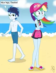 Size: 595x766 | Tagged: safe, artist:ilaria122, artist:selenaede, derpibooru import, rainbow dash, soarin', equestria girls, equestria girls series, beach, belly button, blushing, cap, clothes, couple, crossed arms, dialogue, equestria girls-ified, feet, female, flip-flops, geode of super speed, hat, legs, magical geodes, male, midriff, sandals, shipping, simple background, smiling, smirk, soarindash, straight, swimsuit