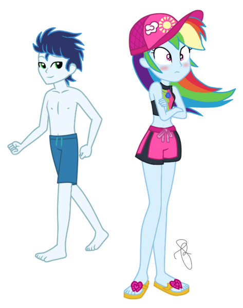 Size: 606x768 | Tagged: safe, artist:ilaria122, artist:selenaede, derpibooru import, rainbow dash, soarin', equestria girls, equestria girls series, belly button, blushing, cap, clothes, couple, crossed arms, equestria girls-ified, feet, female, flip-flops, geode of super speed, hat, legs, magical geodes, male, midriff, sandals, shipping, simple background, soarindash, straight, swimsuit, transparent background
