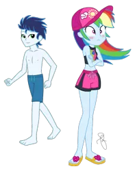 Size: 606x768 | Tagged: safe, artist:ilaria122, artist:selenaede, derpibooru import, rainbow dash, soarin', equestria girls, equestria girls series, belly button, blushing, cap, clothes, couple, crossed arms, equestria girls-ified, feet, female, flip-flops, geode of super speed, hat, legs, magical geodes, male, midriff, sandals, shipping, simple background, soarindash, straight, swimsuit, transparent background