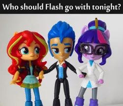 Size: 1008x868 | Tagged: safe, artist:whatthehell!?, derpibooru import, flash sentry, sci-twi, sunset shimmer, twilight sparkle, equestria girls, boots, clothes, doll, dress, equestria girls minis, female, flashimmer, flashlight, irl, jacket, male, pair, pencil, photo, sciflash, sciflashshimmer, shipping, shoes, straight, toy, tuxedo