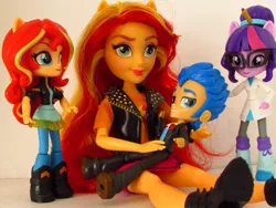 Size: 1400x1050 | Tagged: safe, artist:whatthehell!?, derpibooru import, flash sentry, sci-twi, sunset shimmer, twilight sparkle, equestria girls, boots, clothes, doll, dress, equestria girls minis, irl, jacket, pair, pencil, photo, shoes, toy, tuxedo