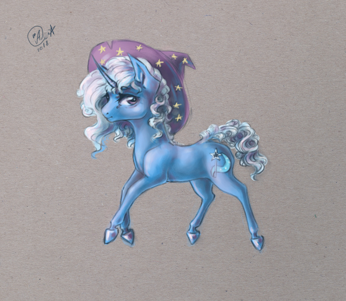 Size: 2253x1963 | Tagged: safe, artist:kimsteinandother, derpibooru import, trixie, pony, chibi, clothes, hat, solo, traditional art, trixie's hat