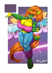 Size: 848x1200 | Tagged: suggestive, artist:mrkashkiet, derpibooru import, oc, oc:umbri, ponified, anthro, pony, unguligrade anthro, green isn't your color, 80's fashion, big breasts, breasts, cleavage, erect nipples, female, huge breasts, muscles, nipple outline, non-mlp oc, redhead, solo, solo female