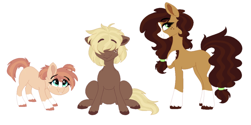 Size: 1238x618 | Tagged: safe, artist:saphi-boo, derpibooru import, oc, unofficial characters only, earth pony, pony, blaze (coat marking), coat markings, hair tie, next generation, offspring, parent:applejack, parent:troubleshoes clyde, parents:troublejack, simple background, socks (coat marking), transparent background, trio