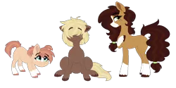 Size: 1238x618 | Tagged: safe, artist:saphi-boo, derpibooru import, oc, unofficial characters only, earth pony, pony, blaze (coat marking), coat markings, hair tie, next generation, offspring, parent:applejack, parent:troubleshoes clyde, parents:troublejack, simple background, socks (coat marking), transparent background, trio