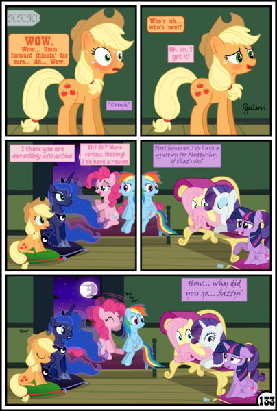 Size: 3254x4837 | Tagged: safe, artist:gutovi, derpibooru import, applejack, fluttershy, pinkie pie, princess luna, rainbow dash, rarity, twilight sparkle, twilight sparkle (alicorn), alicorn, earth pony, pegasus, pony, unicorn, comic:why me!?, bed, blushing, broken window, comic, couch, cushion, mane six, mare in the moon, moon, window