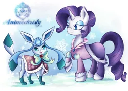 Size: 1024x731 | Tagged: safe, artist:animechristy, derpibooru import, rarity, glaceon, pony, unicorn, bow, clothes, coat, crossover, cute, female, mare, pokémon, snow, winter