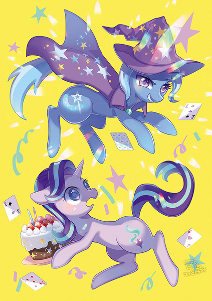 Size: 600x851 | Tagged: safe, artist:jannel300, derpibooru import, starlight glimmer, trixie, pony, unicorn, cake, cape, card, clothes, duo, female, floppy ears, food, hat, mare, smiling, trixie's cape, trixie's hat