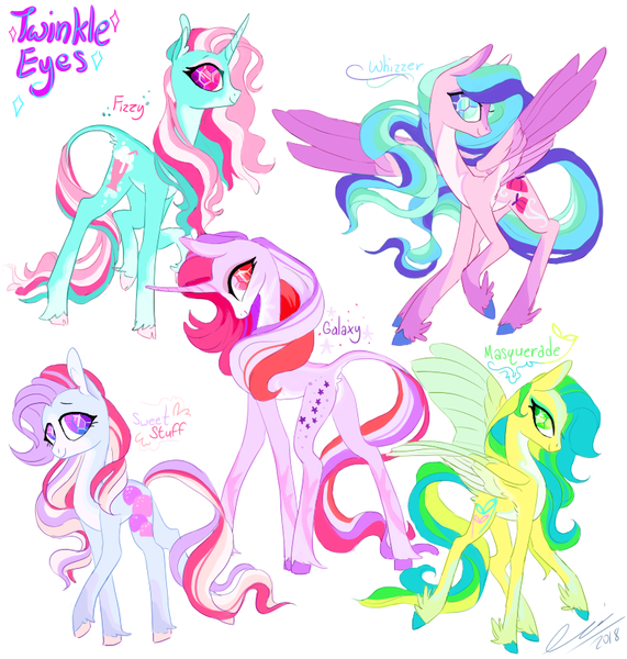 Size: 800x840 | Tagged: safe, artist:creeate97, derpibooru import, fizzy, galaxy (g1), masquerade (g1), sweet stuff, whizzer, classical unicorn, earth pony, pegasus, pony, twinkle eyed pony, unicorn, cloven hooves, cute, feathered fetlocks, female, fizzybetes, g1, galaxydorable, leonine tail, mare, masqueradorable, redesign, simple background, sweet sweet stuff, unshorn fetlocks, white background, whizzabetes