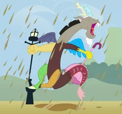 Size: 2040x1909 | Tagged: artist:saphin, chocolate, chocolate rain, derpibooru import, discord, food, rain, safe, singin' in the rain, umbrella