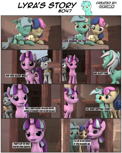 Size: 3929x4903 | Tagged: 3d, artist:goatcanon, blushing, bon bon, comic, comic:lyra's story, derpibooru import, equal cutie mark, equal town, grin, holding hooves, implied lesbian, implied lyrabon, implied shipping, lyra heartstrings, our town, party favor, safe, sleeping, smiling, starlight glimmer, starlight's village, sweetie drops