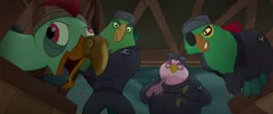 Size: 1920x804 | Tagged: safe, derpibooru import, screencap, boyle, lix spittle, mullet (character), murdock, anthro, parrot pirates, my little pony: the movie, derp, eyepatch, fork, hat, pirate, prosthetic beak, squabble, tongue out