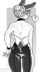 Size: 1776x3000 | Tagged: anthro, artist:littlesheep, breasts, bunny suit, clothes, cuffs (clothes), derpibooru import, female, grayscale, monochrome, oc, oc:aqua jewel, pictogram, question mark, rear view, solo, solo female, suggestive, unofficial characters only