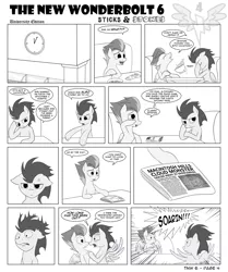 Size: 1600x1917 | Tagged: safe, artist:marmorexx, derpibooru import, fire streak, soarin', pegasus, pony, comic:the new wonderbolt, bag, boop, bowl, clock, comic, cross-popping veins, lorem ipsum, male, monochrome, newspaper, noseboop, offscreen character, saddle bag, soarin' is not amused, stallion, unamused, wonderbolts