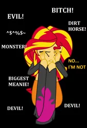 Size: 820x1208 | Tagged: safe, derpibooru import, sunset shimmer, equestria girls, abuse, clothes, drama bait, op isn't even trying anymore, sad, shimmerbuse, sitting, skirt, sunsad shimmer, vulgar