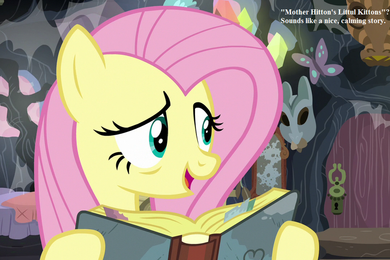 Size: 1080x720 | Tagged: a health of information, book, cordwainer smith, cropped, derpibooru import, edit, edited screencap, fluttershy, fs doesn't know what she's getting into, mask, mother hitton's littul kittons, reading, safe, screencap, the instrumentality of mankind, this will end in tears, zecora's hut