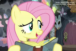 Size: 1080x720 | Tagged: a health of information, book, cordwainer smith, cropped, derpibooru import, edit, edited screencap, fluttershy, fs doesn't know what she's getting into, mask, mother hitton's littul kittons, reading, safe, screencap, the instrumentality of mankind, this will end in tears, zecora's hut