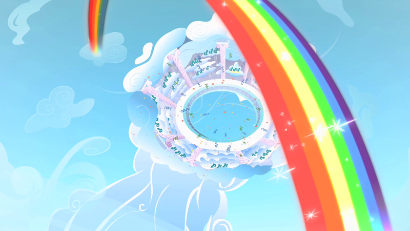 Size: 1280x720 | Tagged: bird's eye view, cloud, cloudiseum, derpibooru import, rainbow, safe, screencap, sky, sonic rainboom (episode), stadium