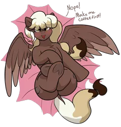 Size: 2515x2639 | Tagged: suggestive, artist:codras, derpibooru import, oc, oc:sweet mocha, unofficial characters only, pegasus, pony, blushing, chest fluff, female, frog (hoof), heart eyes, mare, on back, ponytail, simple background, solo, transparent background, underhoof, wingding eyes