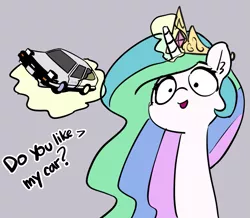 Size: 1189x1037 | Tagged: safe, artist:dsp2003, artist:pabbley, derpibooru import, edit, princess celestia, pony, car, dialogue, female, friendship is magic bitch, gas gas gas (manuel), glowing horn, gray background, horn, initial d, jewelry, levitation, magic, manuel caramori, mare, regalia, simple background, solo, song reference, telekinesis, toy car, toyota, toyota sprinter trueno [ae86]