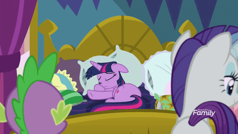 Size: 902x508 | Tagged: safe, derpibooru import, screencap, rarity, spike, twilight sparkle, twilight sparkle (alicorn), alicorn, dragon, pony, unicorn, school daze, and then there's rarity, animated, bed, clothes, dress, eyes closed, female, floppy ears, force dressing, frown, instant cosplay surprise, jester dress, magic, magic aura, male, mare, messy mane, prone, ruff (clothing), wide eyes