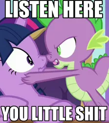 Size: 762x854 | Tagged: safe, derpibooru import, edit, edited screencap, screencap, spike, twilight sparkle, twilight sparkle (alicorn), alicorn, dragon, pony, school daze, caption, cropped, duo, image macro, meme, text, vulgar