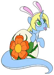 Size: 1007x1404 | Tagged: safe, artist:mynder, derpibooru import, oc, oc:art's desire, lamia, original species, snake, snake pony, unicorn, :p, bunny ears, cute, egg, female, mare, monster mare, silly, simple background, solo, tongue flick, tongue out, transparent background