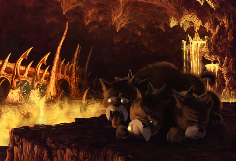 Size: 1680x1149 | Tagged: safe, artist:cannibalus, derpibooru import, cerberus (character), cerberus, annoyed, ball, cavern, darkness, happy, hell, lava, multiple heads, panting, solo, tartarus, three heads, tongue out