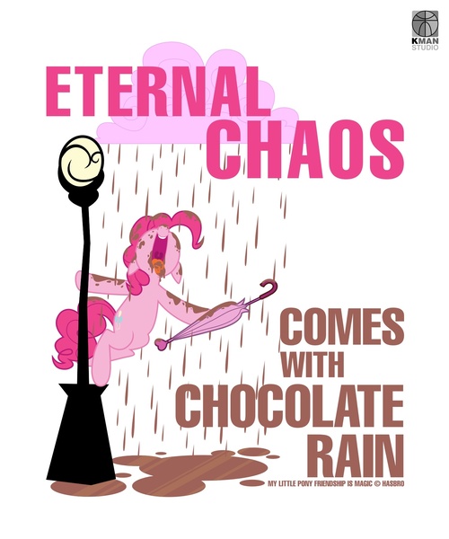 Size: 1500x1800 | Tagged: safe, artist:kman-studio, derpibooru import, pinkie pie, pony, bipedal, chocolate, chocolate rain, cloud, crossover, food, lamp post, rain, singin' in the rain, umbrella