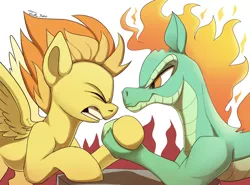 Size: 1200x890 | Tagged: safe, artist:tsitra360, derpibooru import, spitfire, tianhuo, dragon, hybrid, longma, pegasus, pony, them's fightin' herds, arm wrestling, community related, crossover, duo, eyes closed, gritted teeth, mane of fire, simple background, spread wings, straining, white background, wings