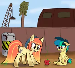 Size: 1100x985 | Tagged: safe, artist:ikaribunbun, derpibooru import, oc, oc:apogee, oc:sunny lane, oc:trash, unofficial characters only, earth pony, pegasus, pony, worm, apple, crane, delta vee's junkyard, dirty, disgusted, duo, female, filly, floppy ears, food, freckles, happy, junkyard, looking down, mare, oil barrel, open mouth, palm tree, rotten apple, smiling, tinyface, tongue out, tree