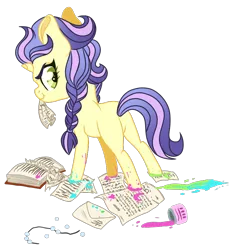 Size: 758x811 | Tagged: safe, artist:whalepornoz, derpibooru import, oc, oc:pansy, unofficial characters only, unicorn, book, braid, female, mess, messy, offspring, paint, paper, parent:soarin', parent:spitfire, parents:soarinfire, simple background, solo, transparent background