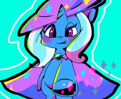 Size: 768x629 | Tagged: safe, artist:asg, derpibooru import, trixie, pony, unicorn, cape, clothes, female, hat, looking at you, mare, simple background, solo, trixie's cape, trixie's hat