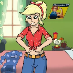 Size: 1280x1280 | Tagged: safe, artist:mkogwheel, derpibooru import, applejack, human, equestria girls, equestria girls series, five to nine, applejack's bedroom, bed, belly button, clothes, daisy dukes, female, freckles, front knot midriff, humanized, midriff, pajamas, rosie the riveter, shorts, solo, we can do it!