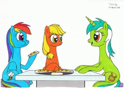 Size: 3498x2470 | Tagged: safe, artist:killerteddybear94, derpibooru import, applejack, lyra heartstrings, rainbow dash, pegasus, pony, unicorn, aweeg*, crossed arms, cutie mark, eating, female, food, looking at each other, mare, meat, nose wrinkle, open mouth, pepperoni, pepperoni pizza, pizza, ponies eating meat, requested art, sitting, smiling, traditional art, trio, underhoof
