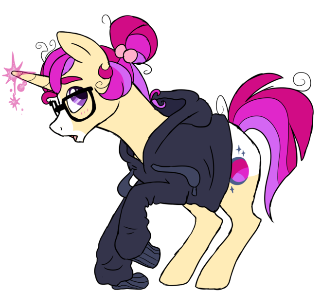 Size: 1100x1000 | Tagged: safe, artist:guzzlord, derpibooru import, oc, oc:equinox, unofficial characters only, pony, unicorn, blaze (coat marking), clothes, female to male, glasses, hair bun, male, next generation, offspring, parent:moondancer, parent:sunburst, parents:sundancer, rule 63, simple background, solo, stallion, sweater, trans boy, transgender, white background