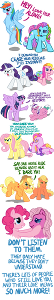 Size: 500x2768 | Tagged: alicorn, angry, applejack, applejack (g1), artist:anscathmarcach, bully, bullying, cheering up, comforting, comic, crying, derpibooru import, edit, fluttershy, fluttershy (g3), g1, g1 to g4, g3, g3 to g4, generation leap, mane six, mouthpiece, pinkie pie, pinkie pie (g3), rainbow dash, rainbow dash (g3), rarity, rarity (g3), safe, twilight sparkle, twilight sparkle (alicorn), wings