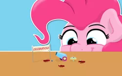 Size: 1280x800 | Tagged: safe, artist:ljdamz1119, derpibooru import, pinkie pie, ant, insect, pony, school daze, cake, celebration, confetti, food, hat, party cannon, party hat, ponk, the world's smallest party cannon, tiny