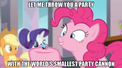 Size: 960x540 | Tagged: applejack, caption, derpibooru import, edit, image macro, meme, party cannon, pinkie pie, rarity, safe, school daze, screencap, text, the world's smallest party cannon