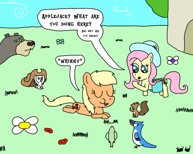 Size: 1000x800 | Tagged: angel bunny, applejack, applejack's hat, artist:bjdazzle, atg 2017, bag, bird, blue jay, cowboy hat, derpibooru import, fluttershy, fluttershy's cottage, grazing, harry, hat, horses doing horse things, newbie artist training grounds, nudity, saddle bag, safe, squirrel, we don't normally wear clothes, whinny