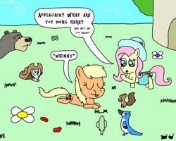 Size: 1000x800 | Tagged: angel bunny, applejack, applejack's hat, artist:bjdazzle, atg 2017, bag, bird, blue jay, cowboy hat, derpibooru import, fluttershy, fluttershy's cottage, grazing, harry, hat, horses doing horse things, newbie artist training grounds, nudity, saddle bag, safe, squirrel, we don't normally wear clothes, whinny